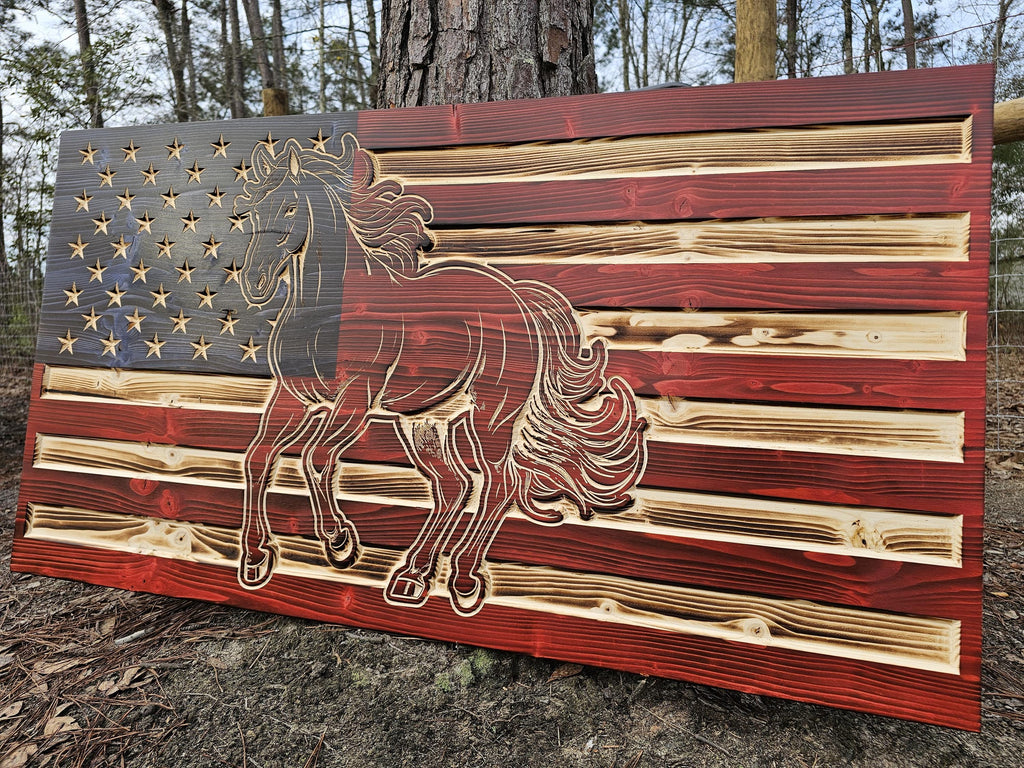 Wooden Running Horse Flag Sign USA