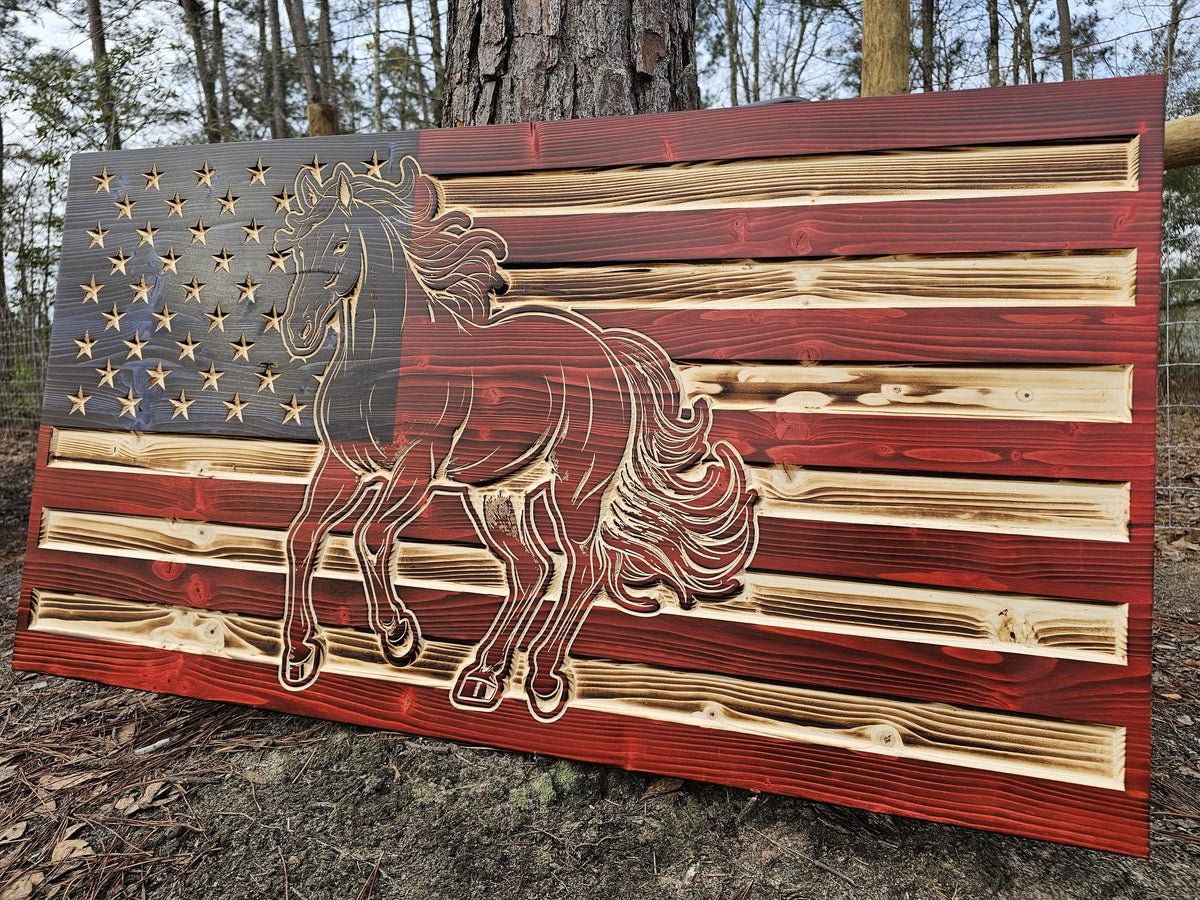 Wooden Running Horse Flag Sign USA