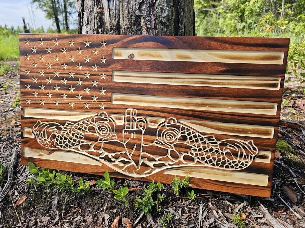 Wooden USN Navy Submarine Dolphins Flag Sign USA